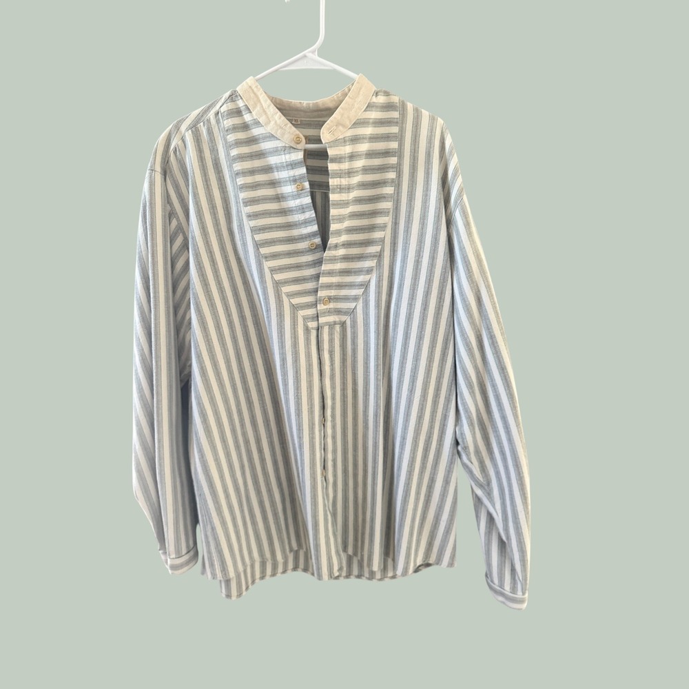 Wah Maker Frontier Vintage Mens XL Striped Bib Front Band Collar Shirt USA Made